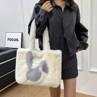 Furry Women's Bag Winter New Portable Plush Commuter Tote Bag Cute Big Ears Rabbit Casual Shoulder Bag