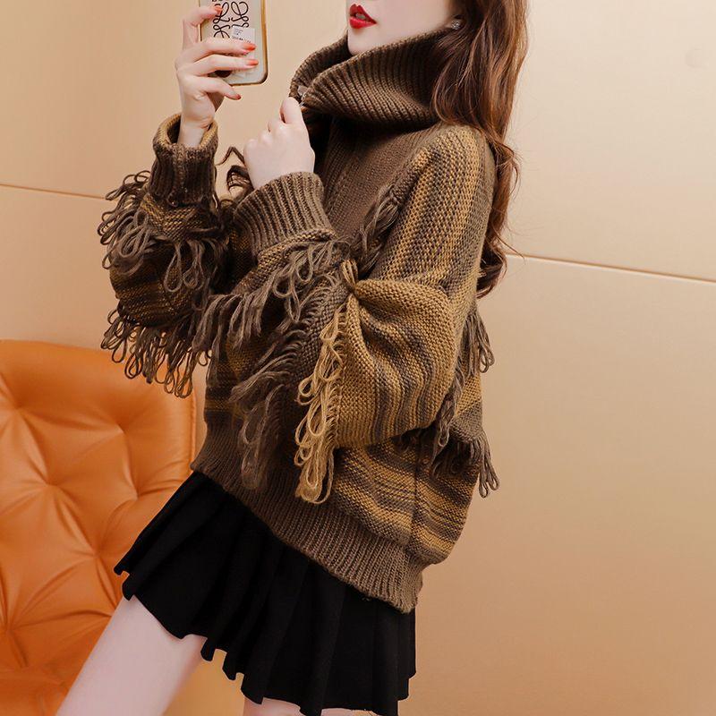 

Короткий дизайнерский пуловер, женский свитер на осень-зиму 2022, повседневный свитер с длинными рукавами, новый свободный пуловер с напуском, женский топ One Size коричневый