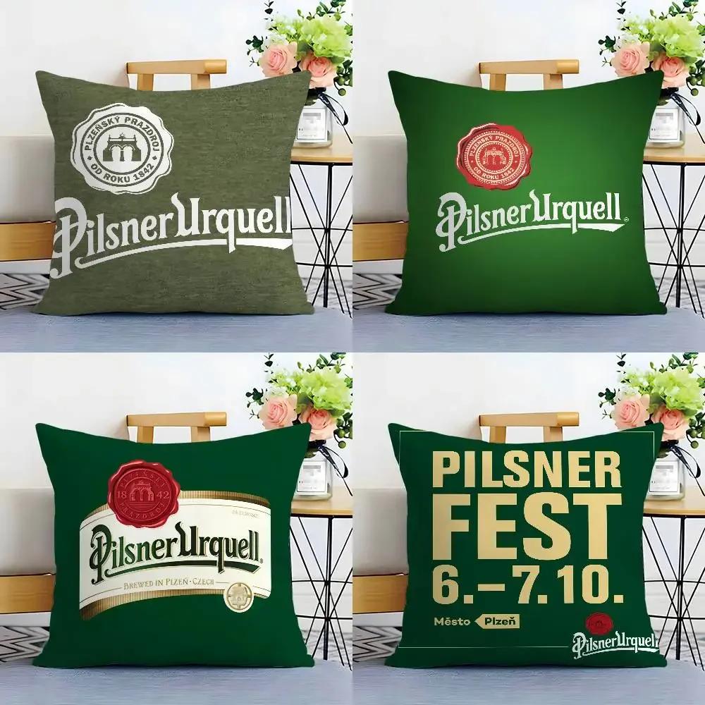Beer P-Pilsner U-Urquell Pillow Case Square Double‑Sided Print Cushion Case For Sofa Home Bedchamber Decor Gift