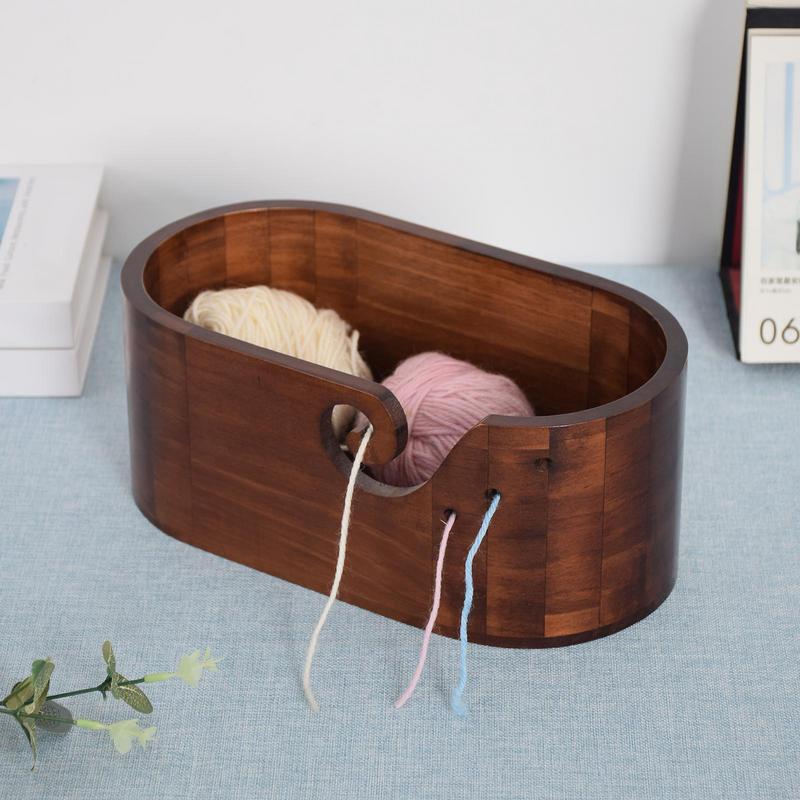 Wooden Yarn Bowl Large Size for Yarn skeins Oval Wooden Bowl with Carved Holes Crochet Hook Rests Portable Knitting Accessories