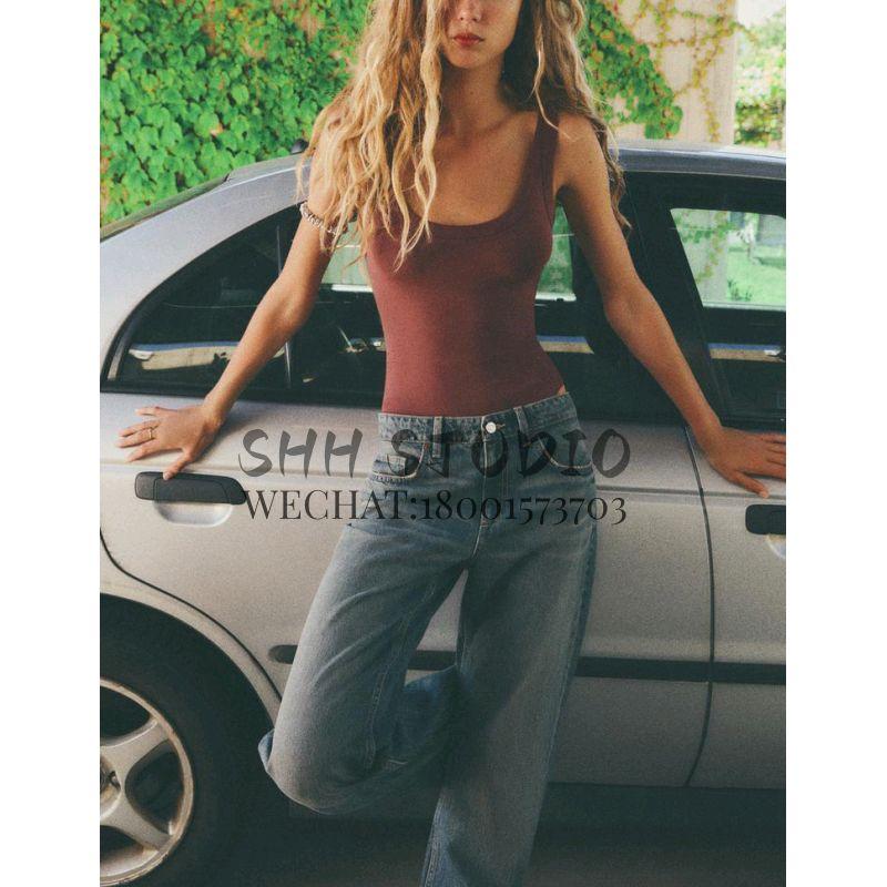 Early Autumn New Arrival Bottoming T-shirt Vest Women's Fashion Casual round Neck Wide Band Rib Jumpsuit 4424801