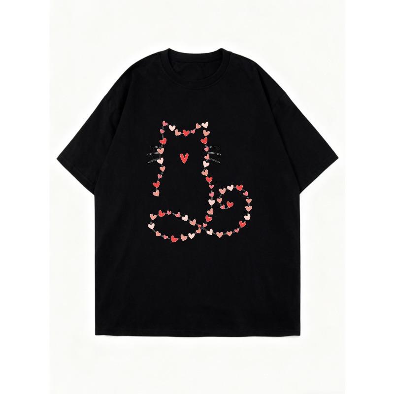 Oversized T Shirt Dress Black Cat Heart Pattern Casual Wear For Women