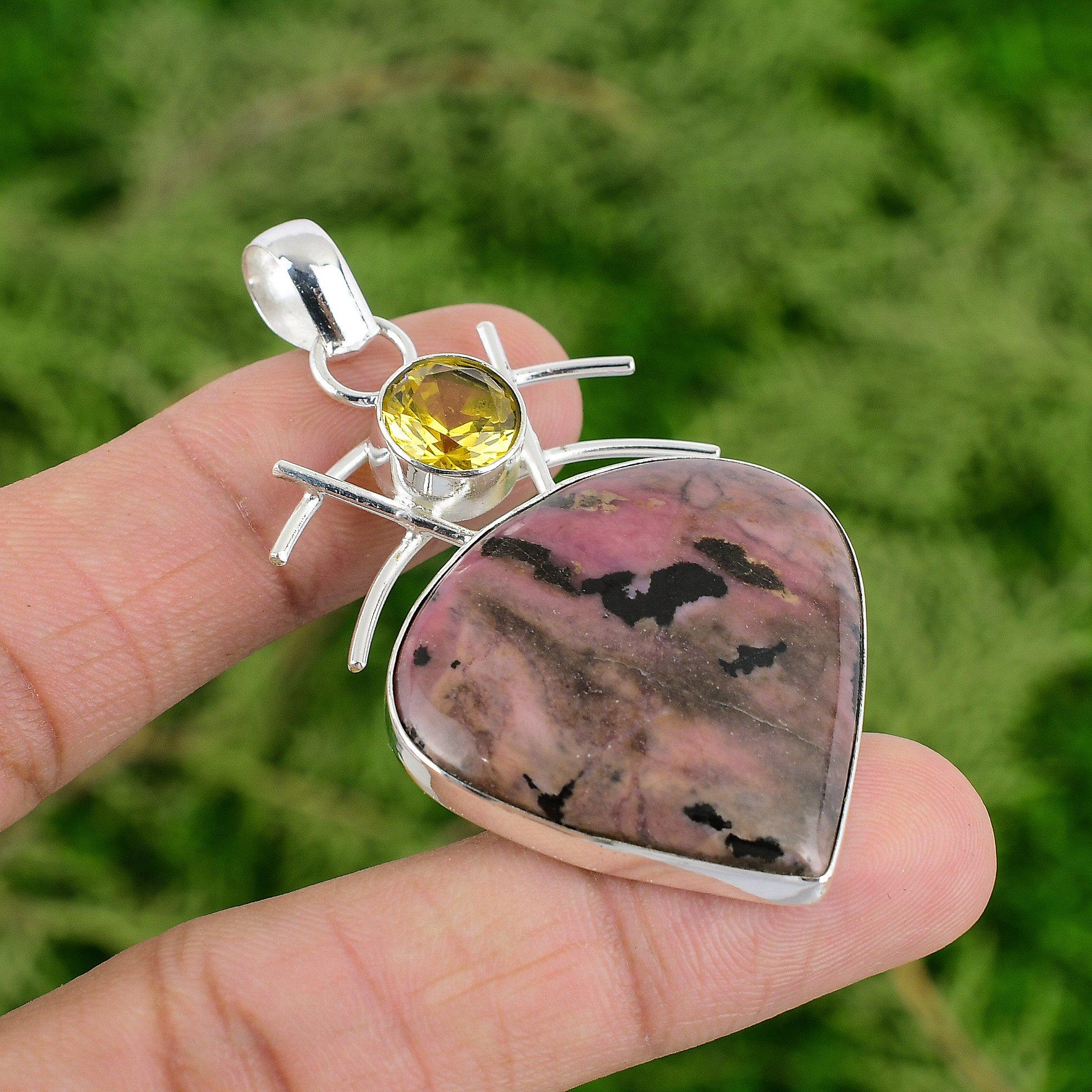 

Sterling Silver Natural Rhodonite Citrine Mother Handmade Ethnic Pendant Jewelry