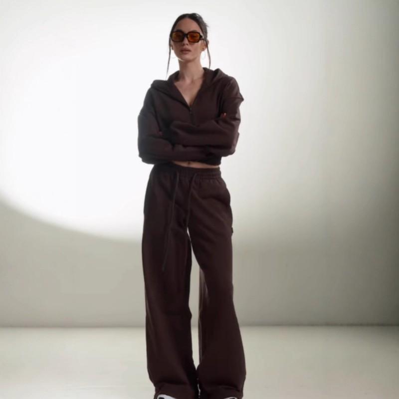 Hot Sports Casual Women's Clothing Hooded Zipper Cardigan Lacing Trousers Two-piece Set