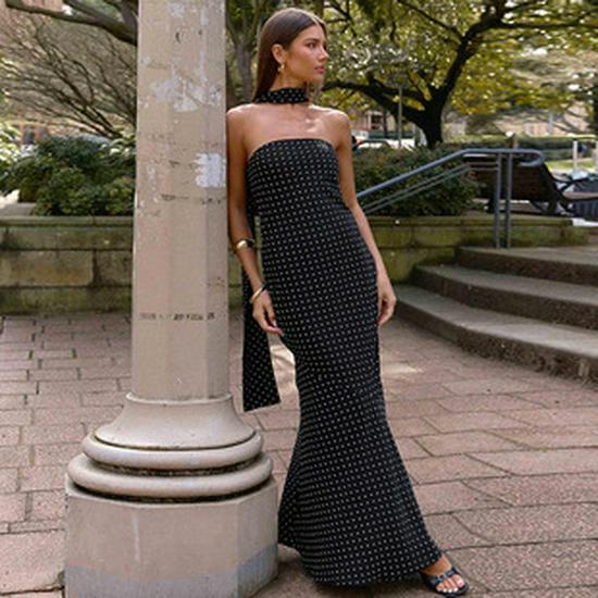 Elegant 2025 Summer Women's Backless Pleated Dress with Hot Stamping Design