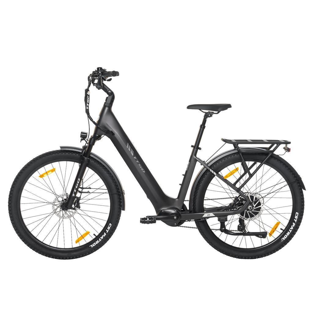 TTGO Z3: 48V15Ah charges overnight. 250W motor eco-friendly. 27.5" tires smooth. Tow seat for family
