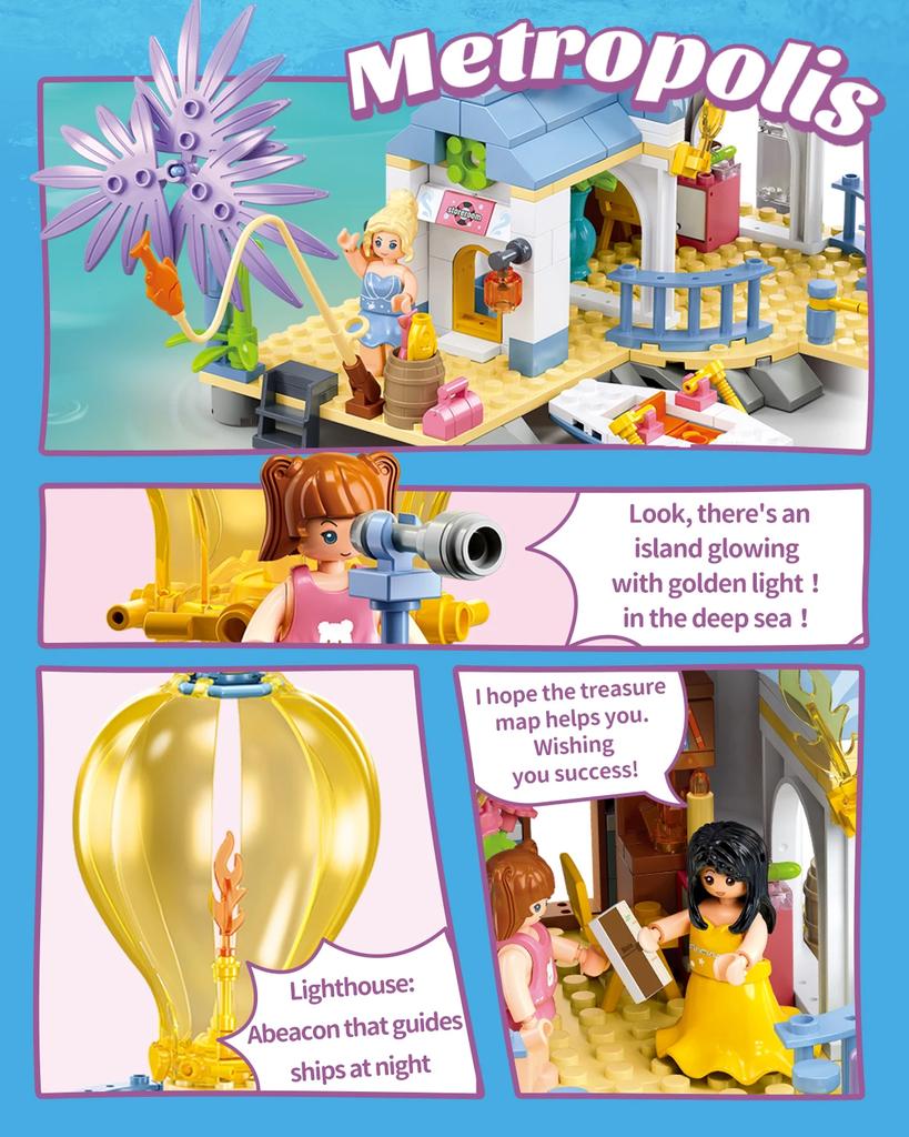 Non-Toxic 404Pcs Treasure Hunt Lighthouse Building Blocks Creative Sea View Seaside House Model Bricks Set With Mini Dolls Kids Toys Gifts