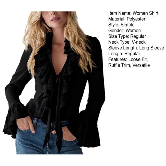 Women Shirt V-neck Ruffle Trim Flared Long Sleeve Casual Tops Pure Color Office Lady