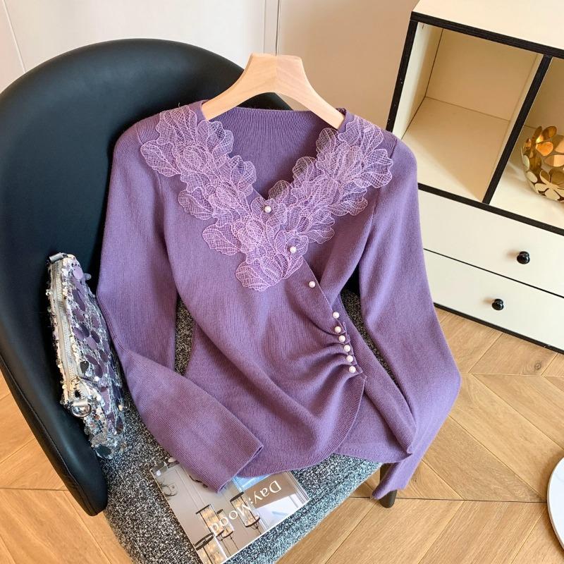 

Lace splicing collar long-sleeved knitted sweater women s autumn and winter new high-end pleated slim-fit top XL фиолетовый
