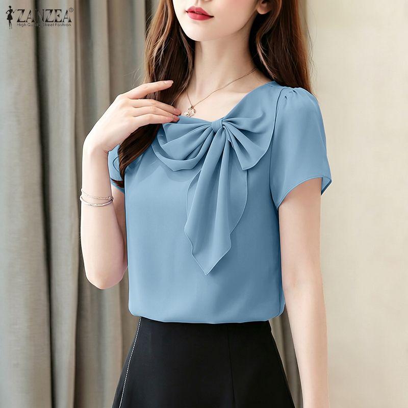 ZANZEA Women Elegant Round Neck Casual Short Sleeve Blouse