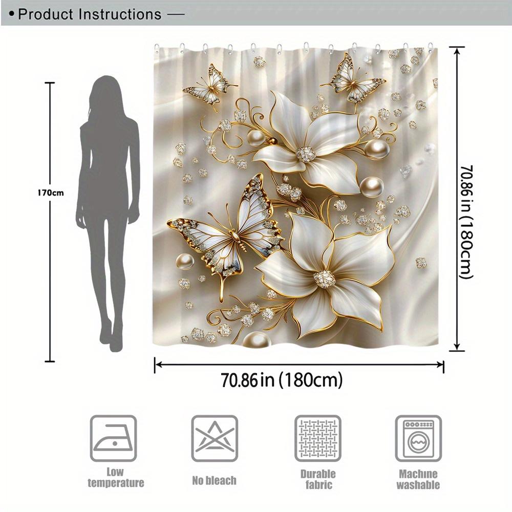 Floral Shower Curtain - White Satin Flowers, Gold Accents & Butterflies, Elegant Design, Creamy Polyester