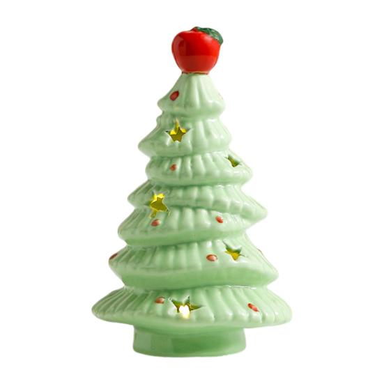 Lighted Ceramic Christmas Tree Small Xmas Tree Figurine with Fruit Tree Topper Holiday Tabletop Centerpiece for Home Mantel Shelf Fireplace Decor