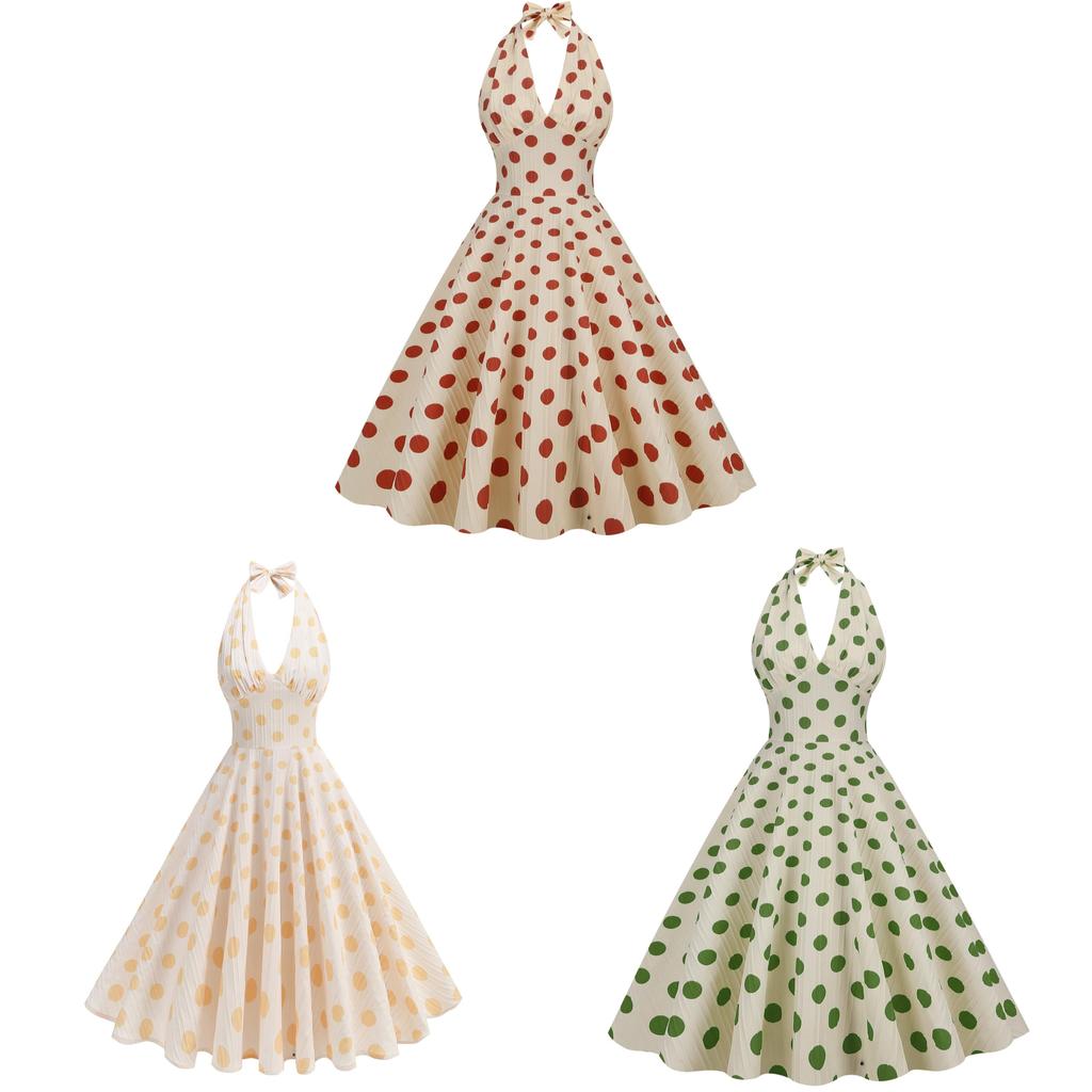 Vintage Polka Dot High Waist Dress With Backless Design For Elegant Summer Events