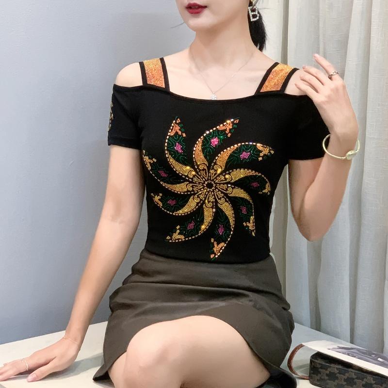 TrendHub Sexy Off Shoulder T Shirt for Women Luxury Flower Diamonds Short Sleeve Tee Summer Fashion Womens Mesh Tee Shirts Top