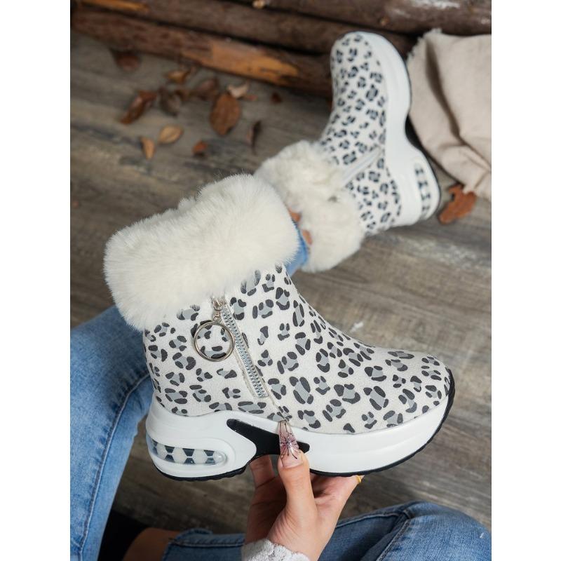 Women's Plus-Size Leopard Print High-Top Flat Ankle Boots - Comfortable Cushioned Insole, Wide Calf