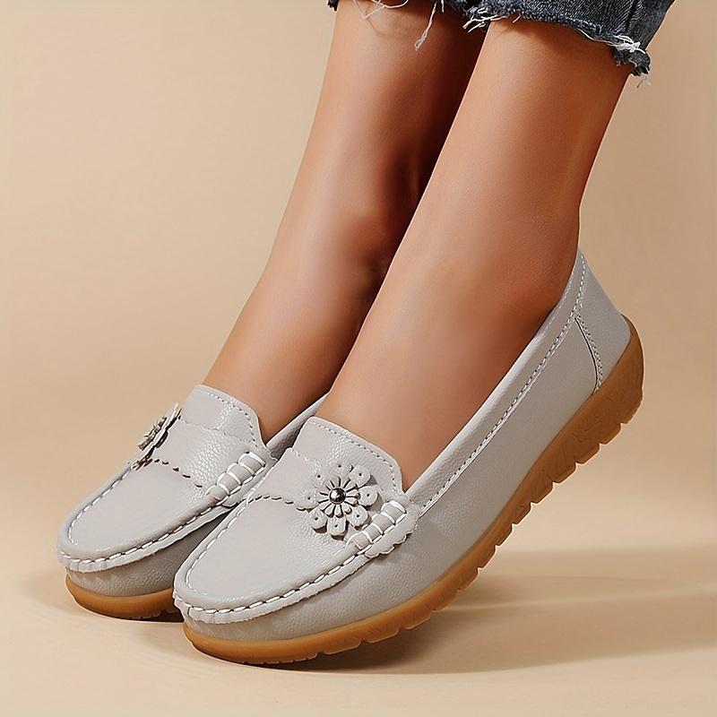 Women's Flower Decor Flat Loafers, Casual Solid Color Slip On Shoes, Lightweight & Comfortable Shoes
