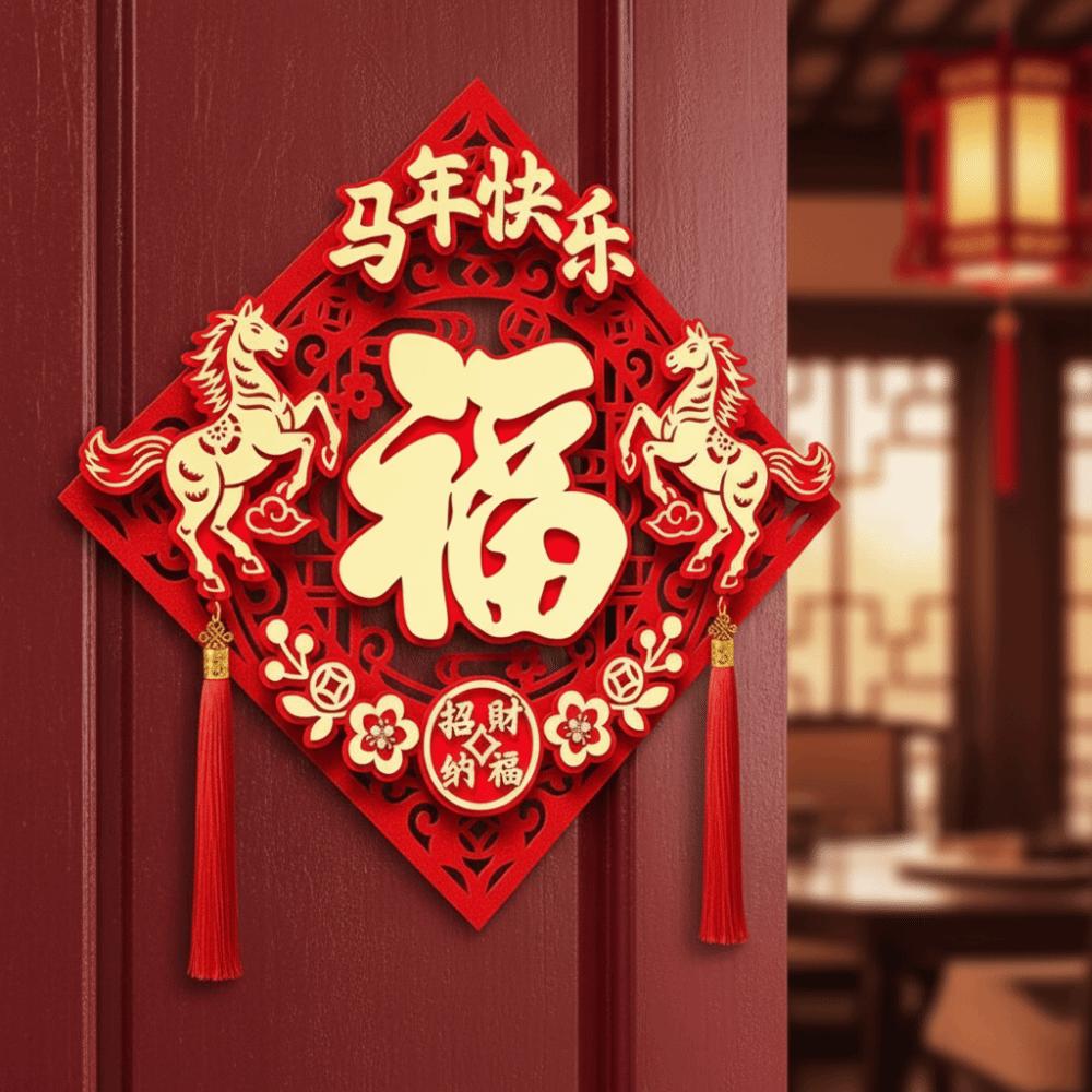 Traditional New Year Door Sticker Flocked Horse Year Door Sticker Office Decoration