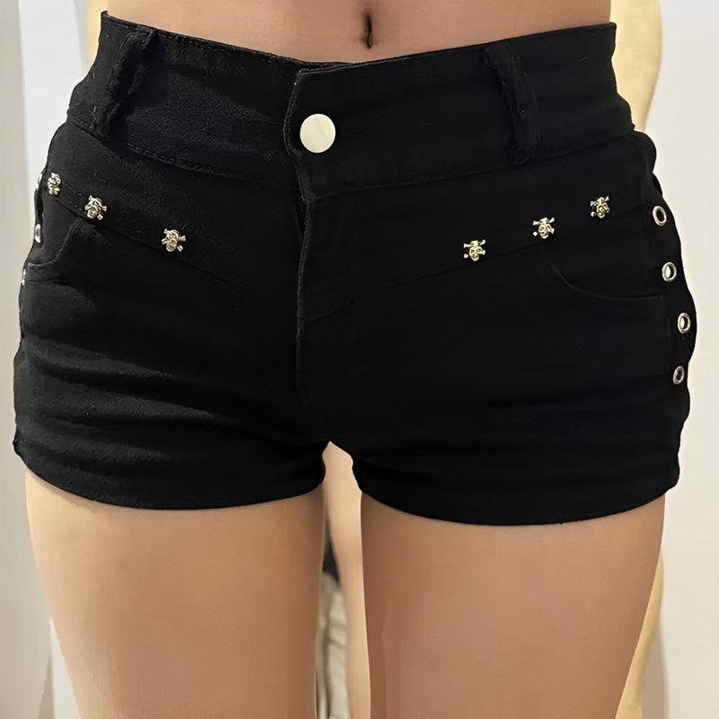 American Spicy Girl Low-Waist Black Denim Hot Pants with Rivet Design XS