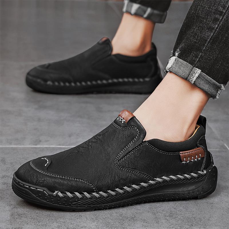 Men's Shoes Foreign Trade Large Size Hand-stitched Casual Shoes Soft Sole Wide Head Business Leather Shoes Men's One-pedal Doudou Shoes