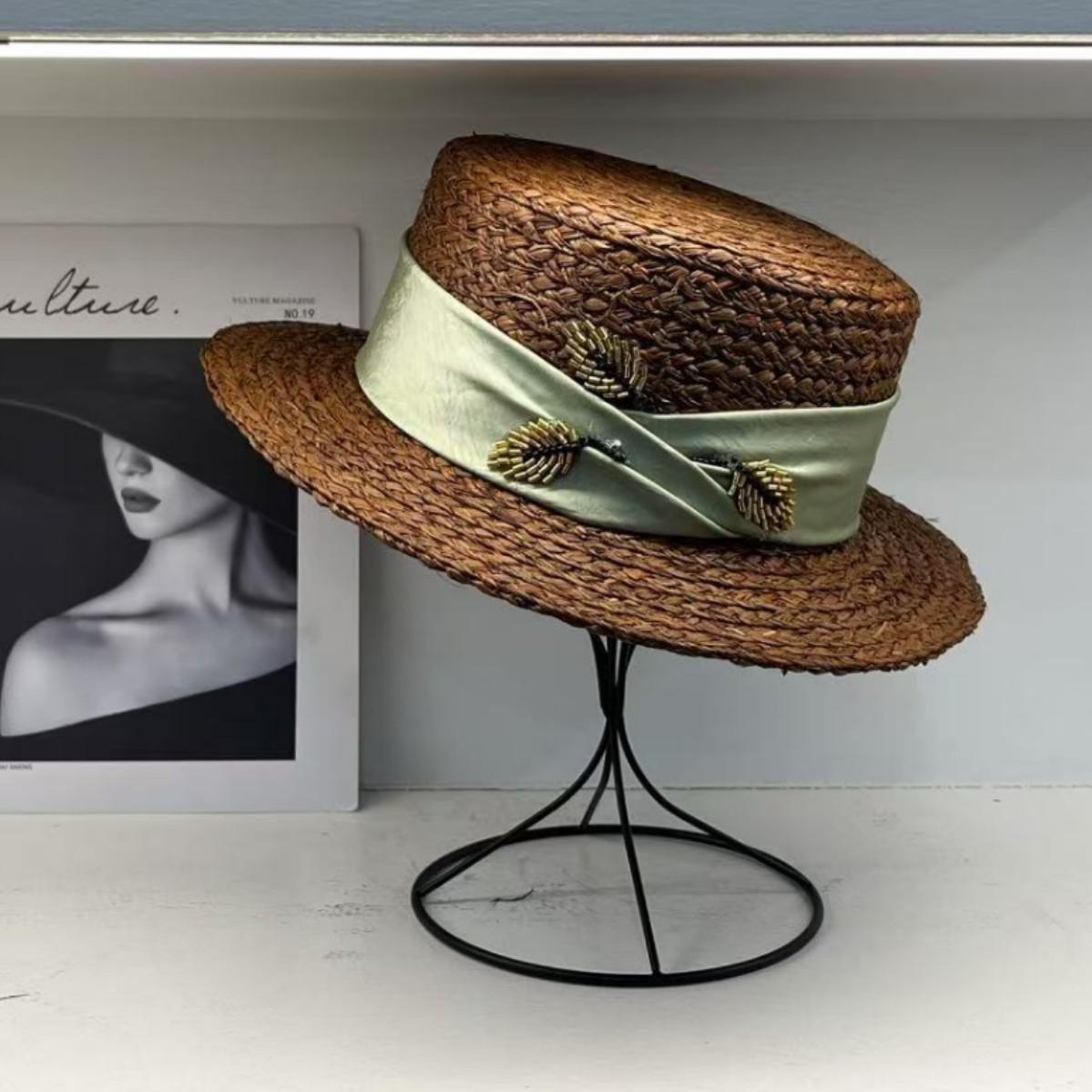 

imported raffia material hat women s small brim flat top top top hat summer travel sun cover hat Adjustable (54-58cm)