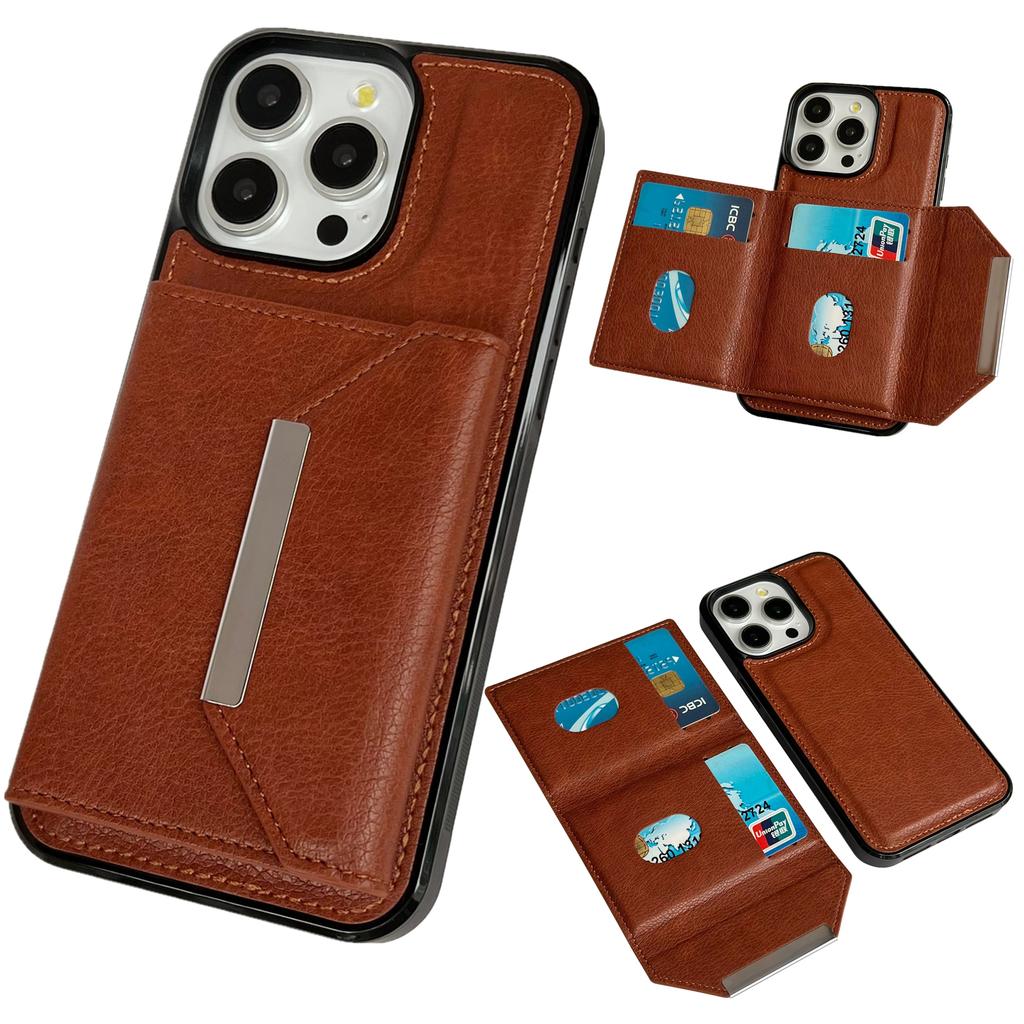 For iPhone 16 Pro Case Card Bag Kickstand TPU+PU Phone Cover