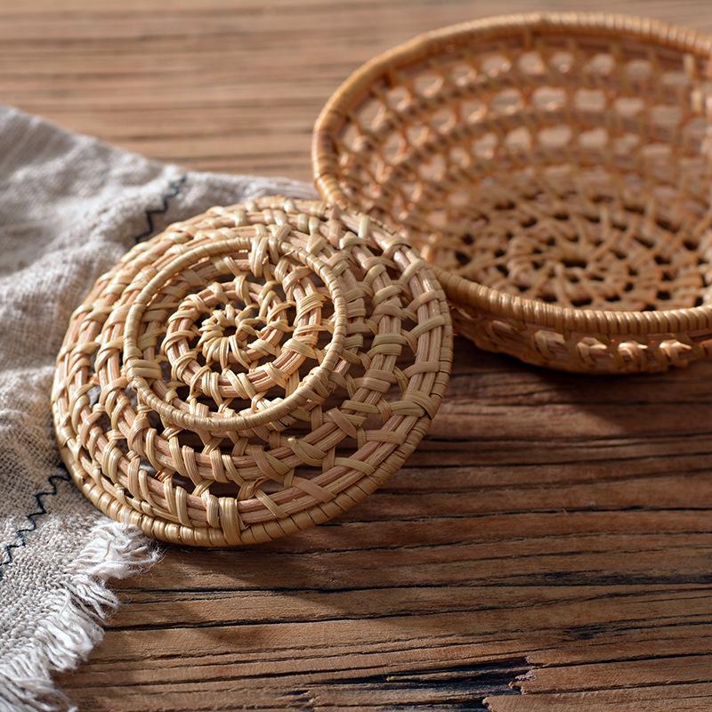 HeMu Handmade Rattan Woven Hollow Towel Tray Candy Snack Nut Melon Seed Plate Fruit Cake Storage Basket Kitchen Storage Basket