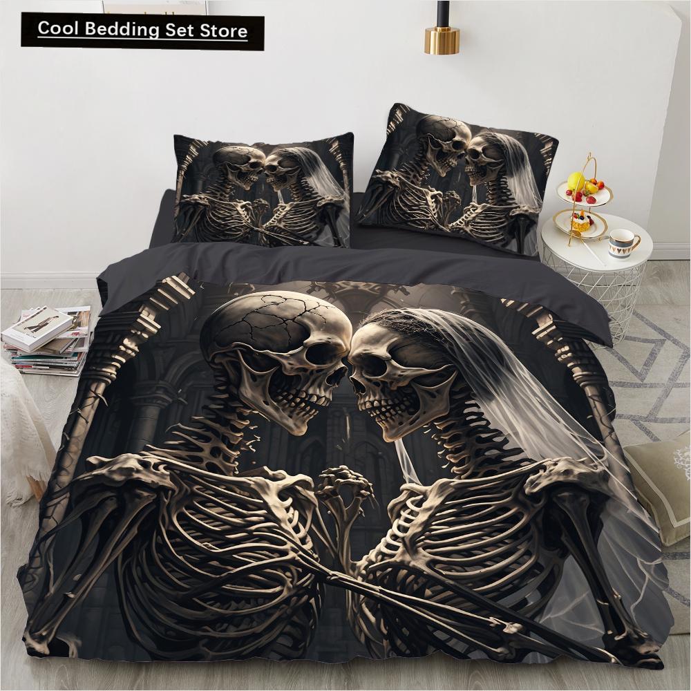 Skull Wedding Cartoon Comforter Sets Bedding Set Double Queen King Twin Full Size Duvet Cover Set Kids Girls White Bed Linen
