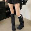 Fashion Autumn Winter Chunky Women Knight High Boots Fashion Platform Flats Trouser Long Booties Female Western Cowboy Shoes