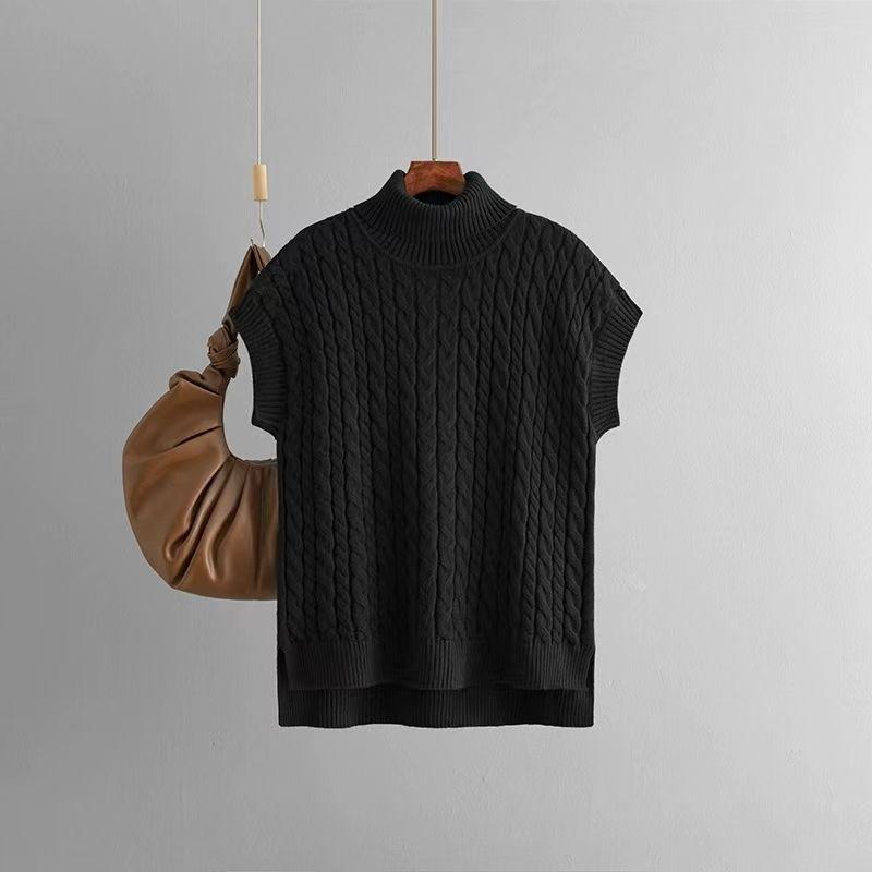 

Fashion Style Pure Color Sleeveless Cable Stitch Knitting Loose Pullover High Neck Knitted Sweater Black All yards