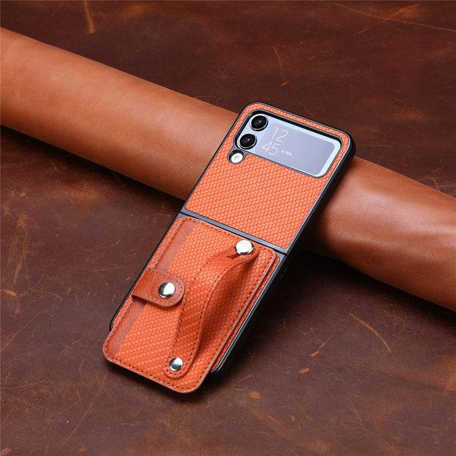 For Samsung Z Flip 4 Portable Wristband Carbon Fiber Case For Samsung Galaxy Z Flip 4 5 5g Flip4 Zflip4 Card Holder Bag