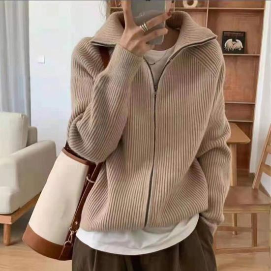 Damen Pullovermantel, einfarbig, Revers, lange Ärmel, doppelter Reißverschluss, Fliegendesign, Strickmantel, lässiger Pendlerstil, Oberbekleidung