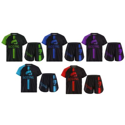 Boys Color Block Printed Boxer Training Costume Round Neck Short Sleeve Boxing Tshirt Shorts Set