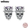 WOSTU 925 Sterling Silber Vintage Punk Schmuck Totenkopf Krone Ohrstecker Damen Geschnitzt Lila Zirkon Personalisiert Hip Hop Geschenk