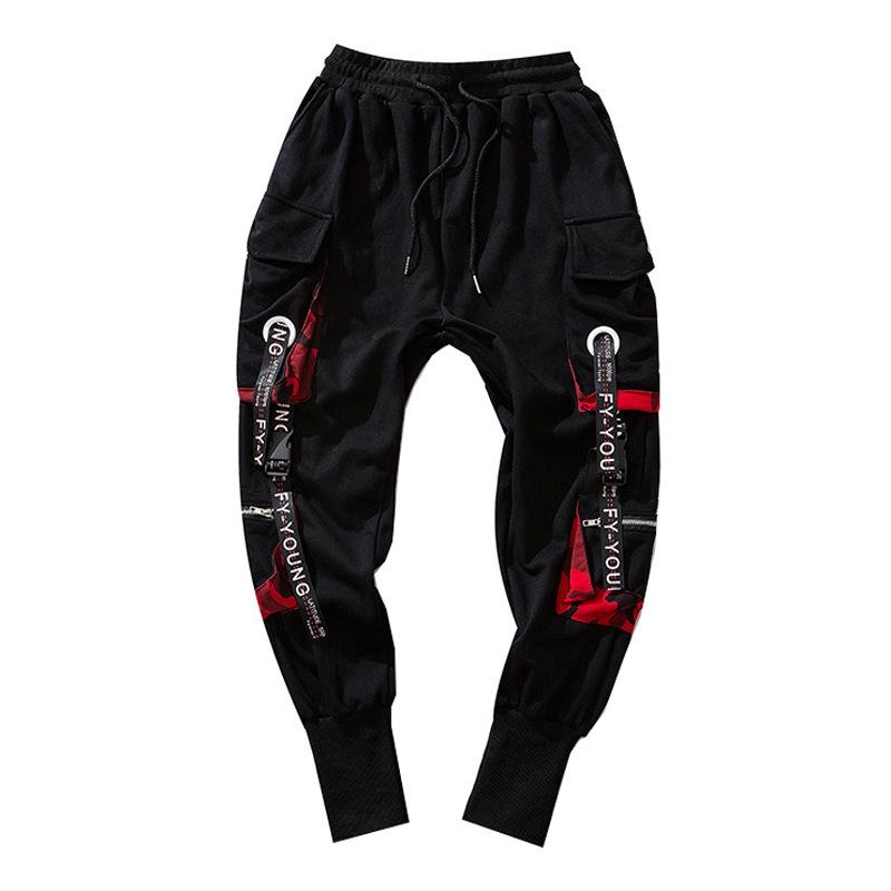 

Guochao street hiphop webbing Harlan leggings men ins trendy brand hip hop personality trend summer trousers S чёрный