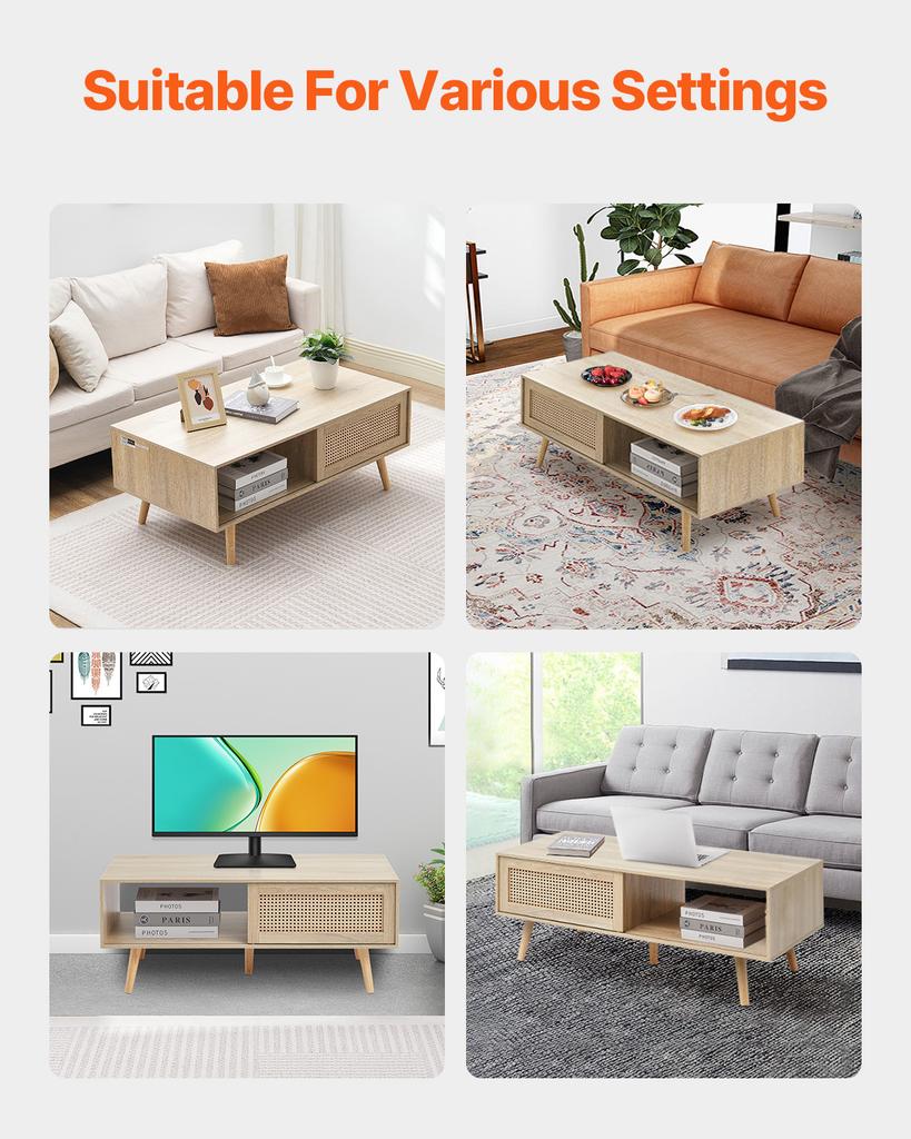 SucceBuy Rattan Coffee Table Rectangle Coffee Table 42-47in Modern Boho Style 2 Layers Storage Coffee Table for Home Bedroom