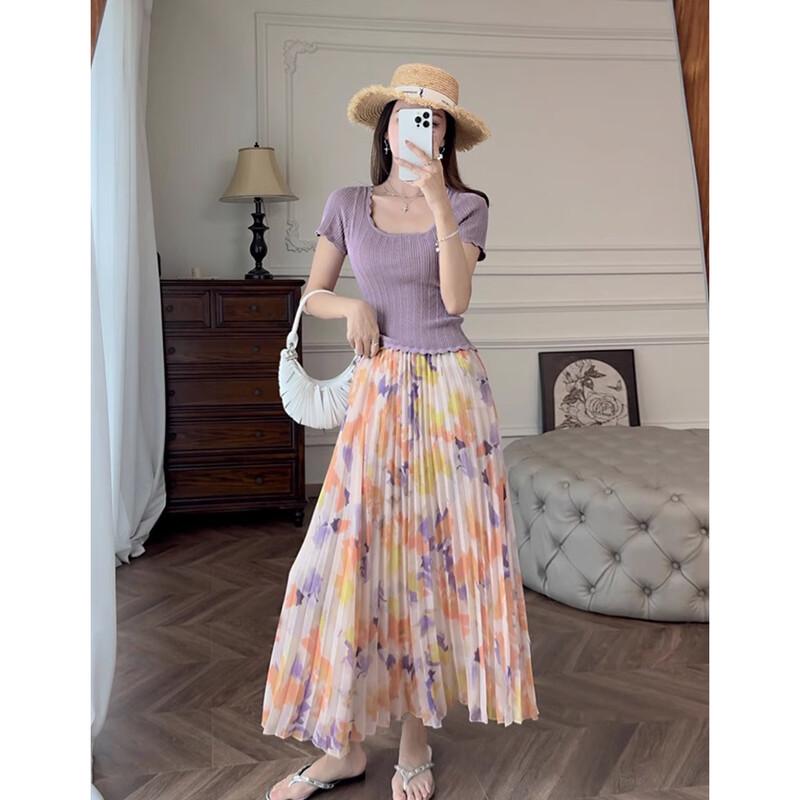 JK&JS Women's Square Collar Slim Fit Short Sleeve Knit Top