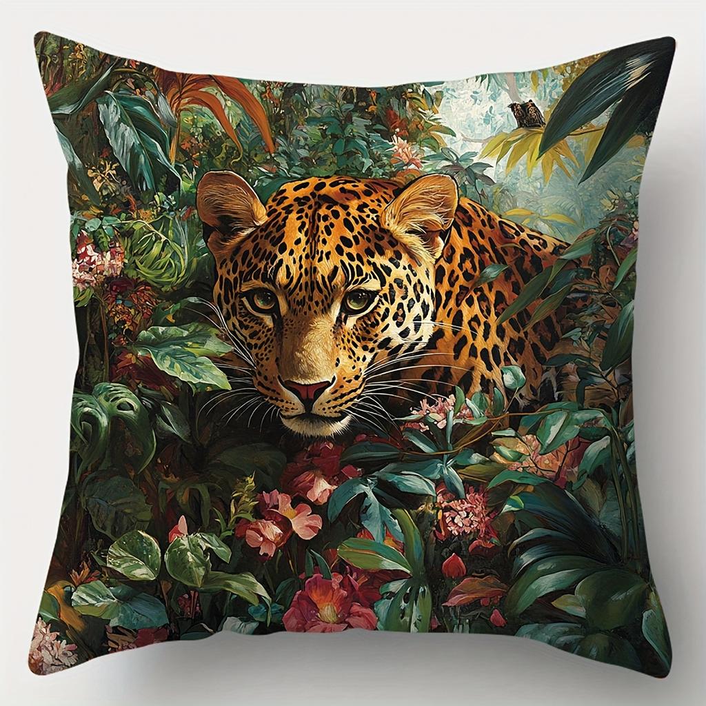 1Pc With Printed Pillowcases Featuring Designs Of A Forest, Tiger, Wolf, Lion, Leopard, Flowers(Pillow Inserts Not Included)