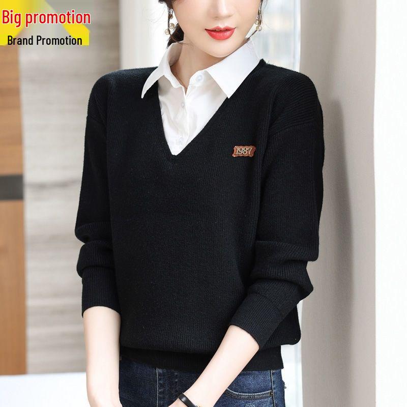 Women's Fashion 2025 Spring & Autumn Fake Two-Piece Sweater with Shirt Collar