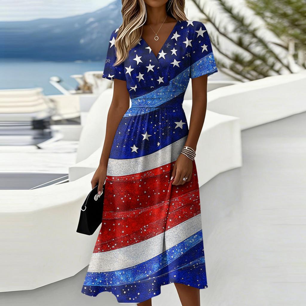 Women's Fashionable V Neck Short Sleeved Independent Day Print Casual Dress