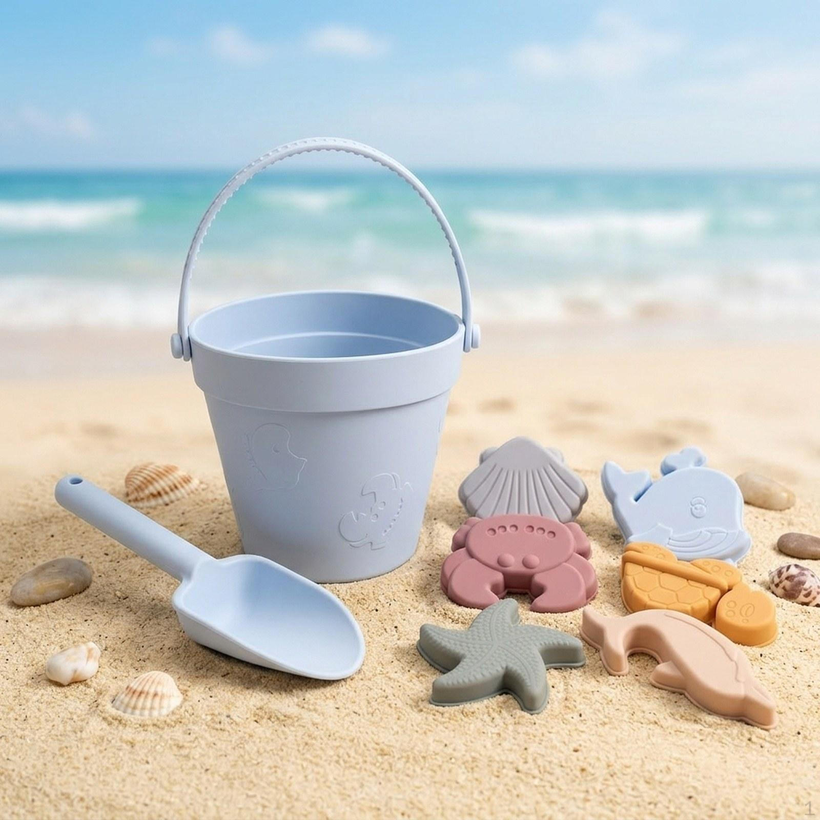 

Beach Bucket Sand Toy Set Marine Creature Models Portable Silicone Encourages Creativity Suitable светло-синий