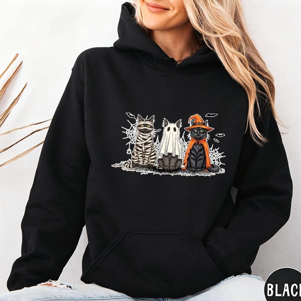 Halloween Costume Cat Women Hoodie Unisex Trendy Outerwear Mummy Ghost Witch Feline Bat Web Accents Casual Fashion Autumn Pullovers