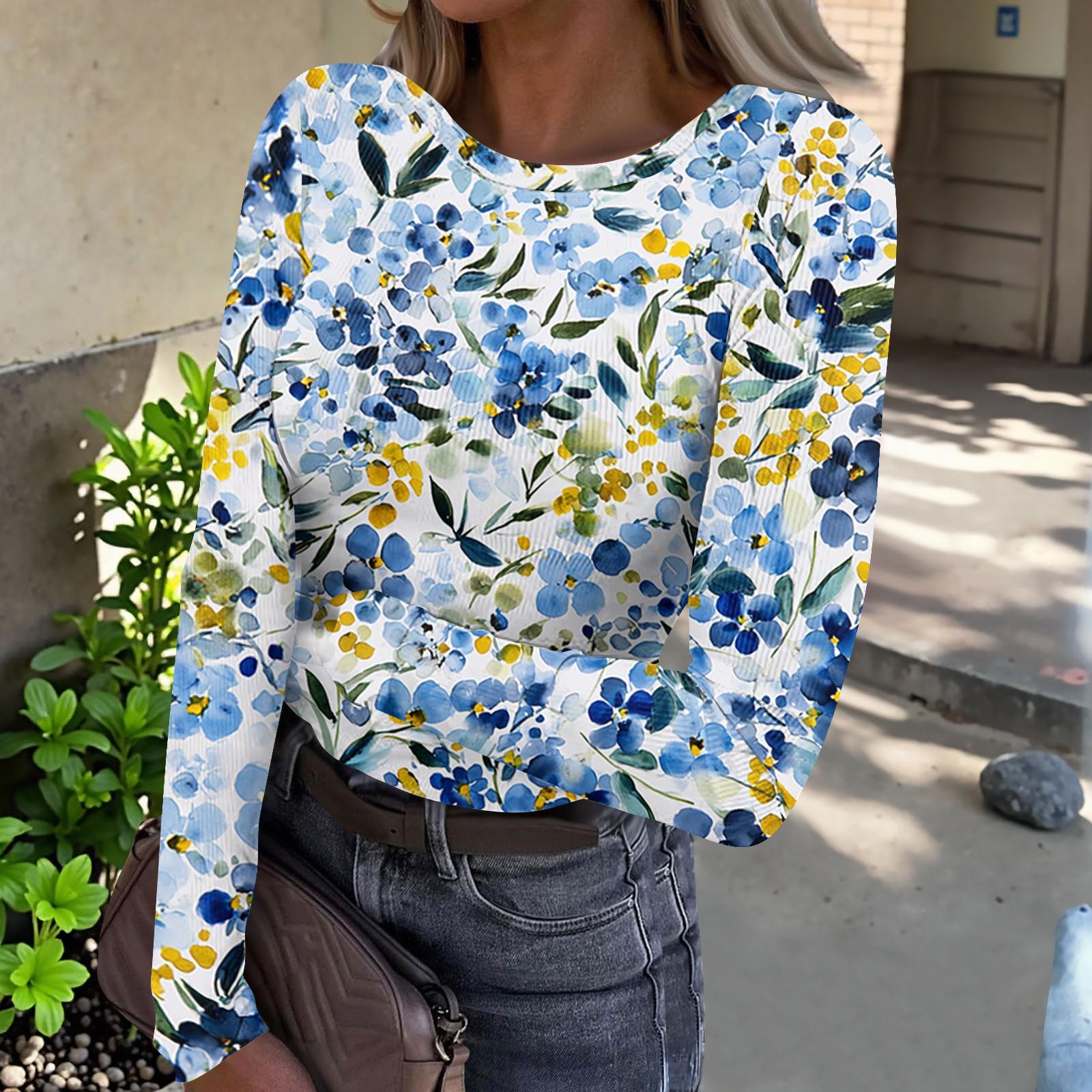 

Women Casual Crew Neck Long Sleeve Ribbed Top with All Over Floral Print Lightweight Pullover Blouse for Daily Wear L