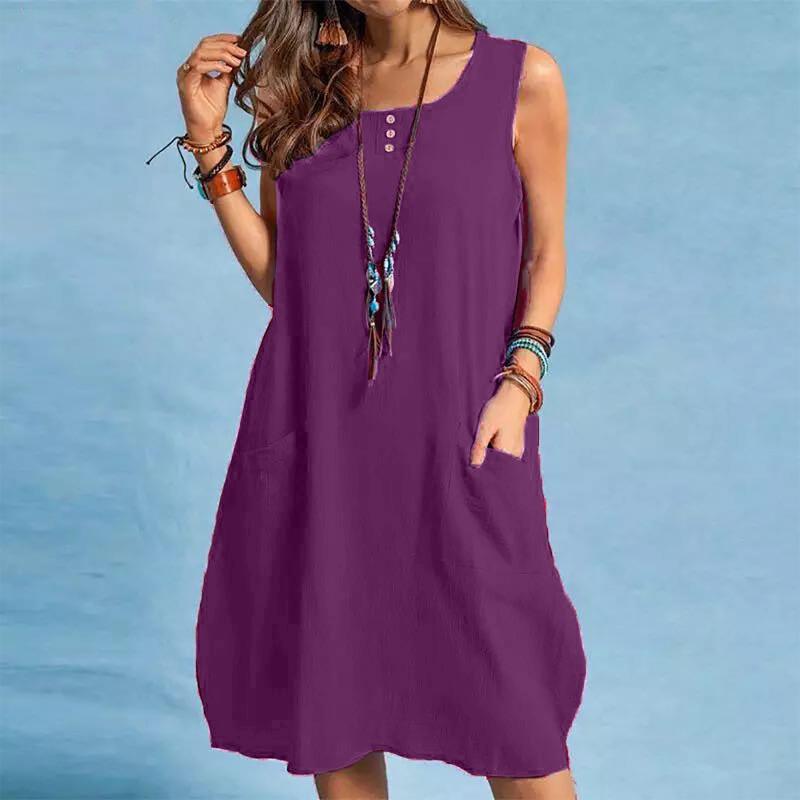 QICED Fashion Summer Spring Solid Color Print Sleeveless O-Neck Casual Dresses