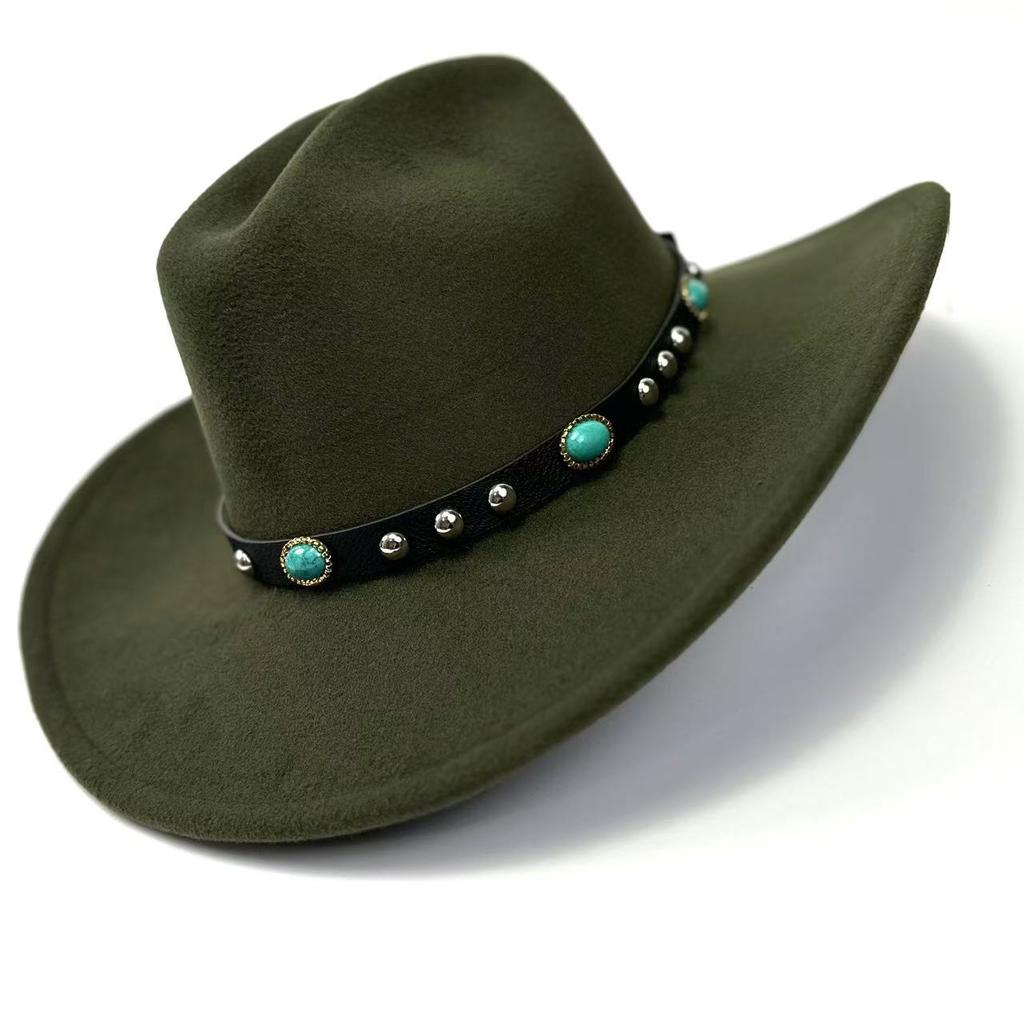 New Western Cowboy Hat, Black Woolen Jazz Top Hat, Four Seasons Men'S And Women'S Turquoise Crimped Felt Hat