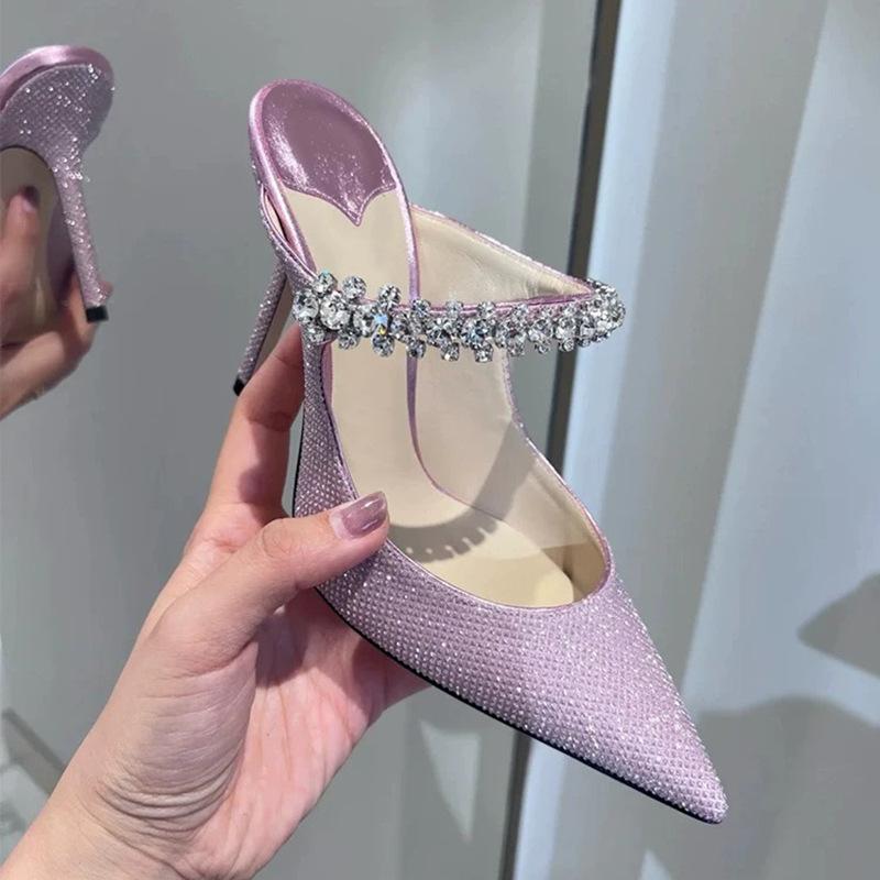 New Nude Rhinestone Stiletto Heels Sexy Pointed Toe One-Strap Womens Sandals Elegant Demeanor Women'S Shoes Sandalias Mujer