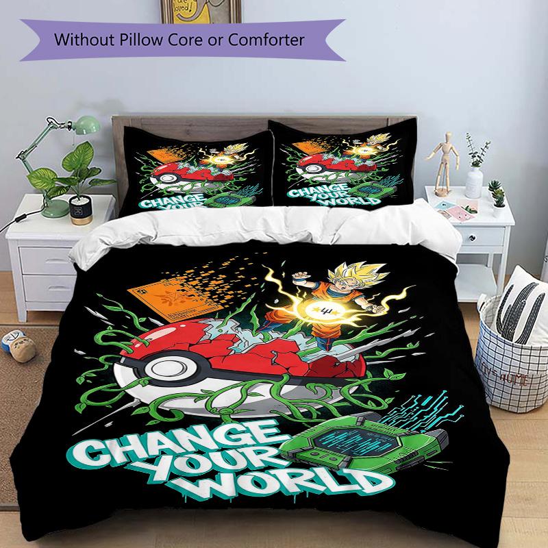 

3 шт. Комплект постельного белья Dragon Ball Z и Pokémon, Включает 1 пододеяльник и 2 наволочки, Без наполнителя, Мягкий и удобный для дома, спальни, Ткань 135x200cm