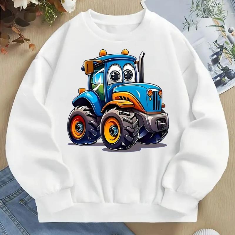 Felpa alla moda girocollo per bambini, Stampa carina con cartone animato di trattore