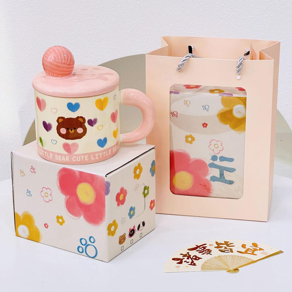 Girls' Heart Cute Cartoon Birthday Ceramic Mug Office High looking Water Cup with Lid Souvenir Gift Animal Cup