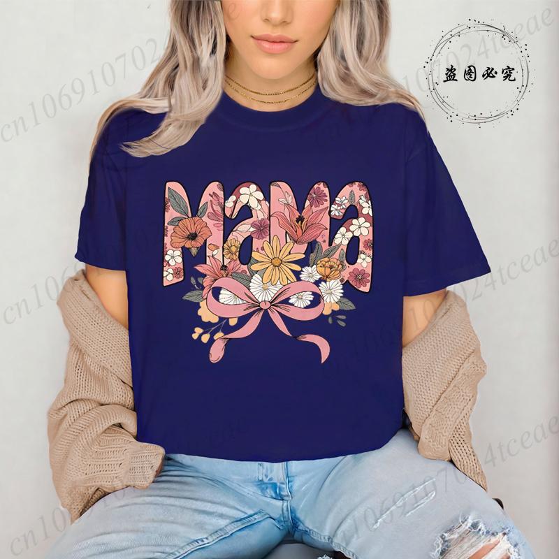 Floral Coquette T-Shirt,Pink Bow Tee Floral Mama T-Shirt for Women Vintage Retro Mama Shirt Wildflowers Mama Women's Clothing
