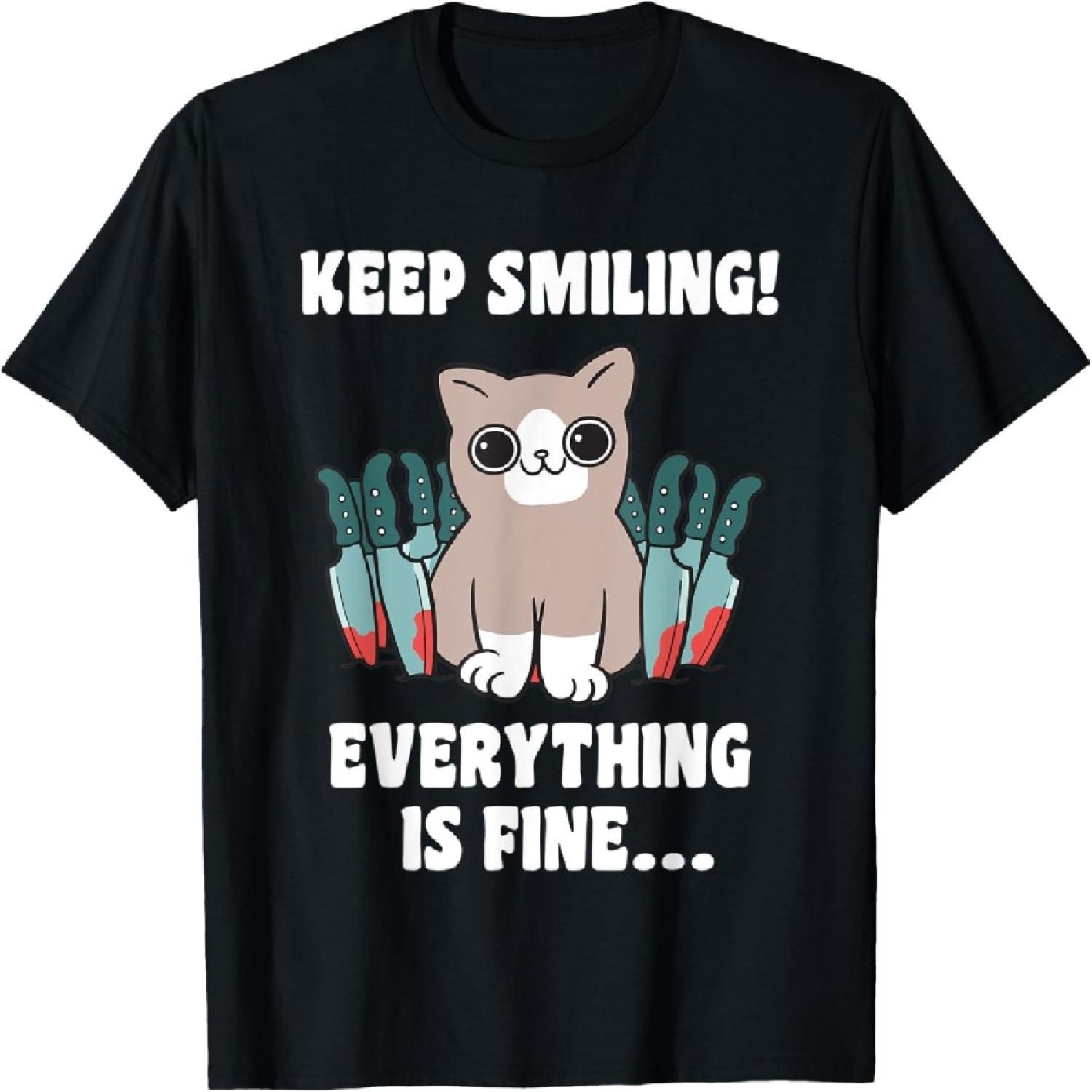 Smile Keep Funny Crazy Cat T-Shirt for Men Women S